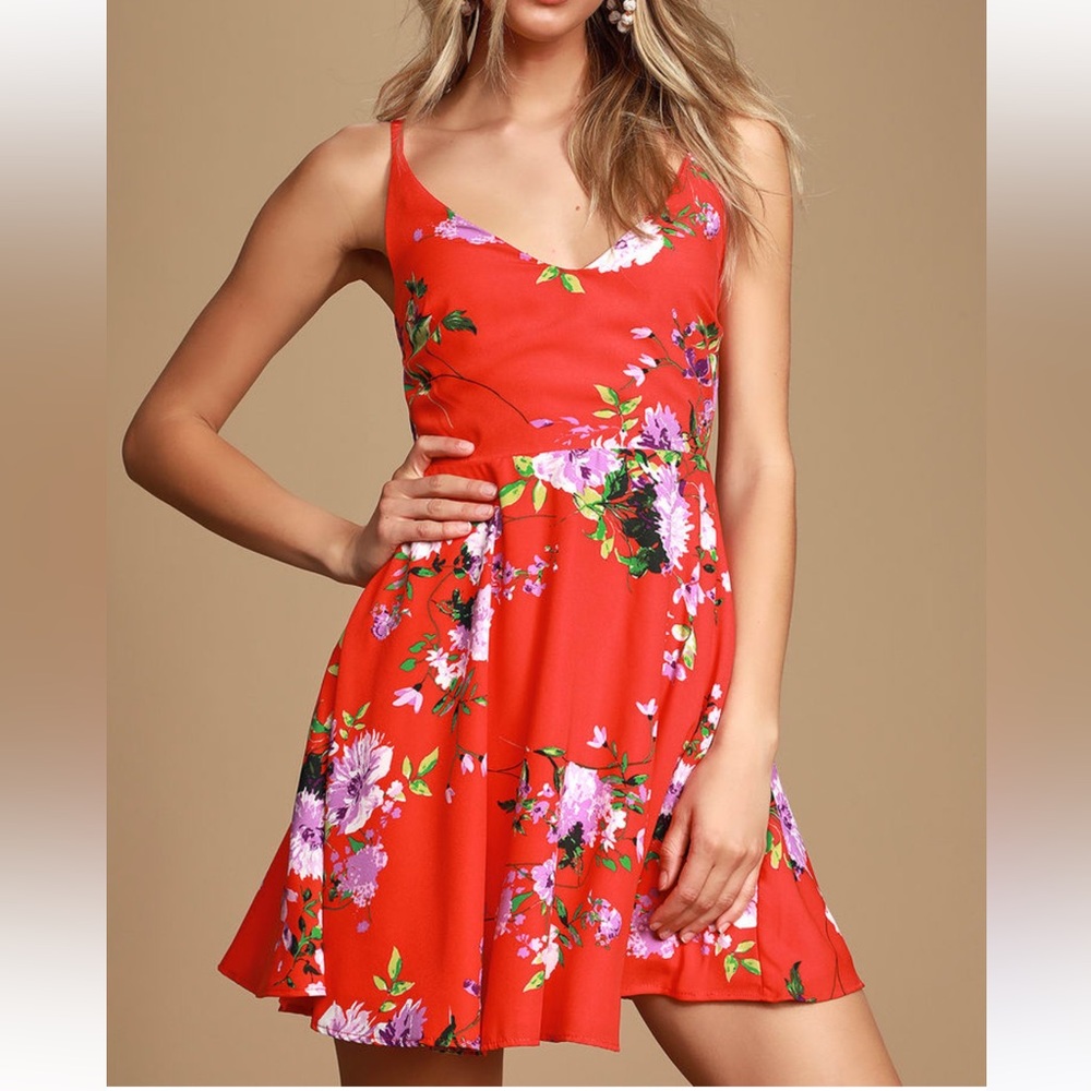 Lulu’s bridge to love red floral skater dress party cocktail prom size XL NWT